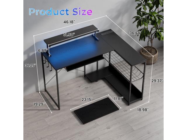 L Shaped Gaming Desk with Power Outlets & RGB Lights, 46'' L- Shaped Desk Computer Corner Desk with Monitor Stand & Storage Shelf & Hook, Home...