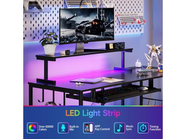 L Shaped Gaming Desk with Power Outlets & RGB Lights, 46'' L- Shaped Desk Computer Corner Desk with Monitor Stand & Storage Shelf & Hook, Home...