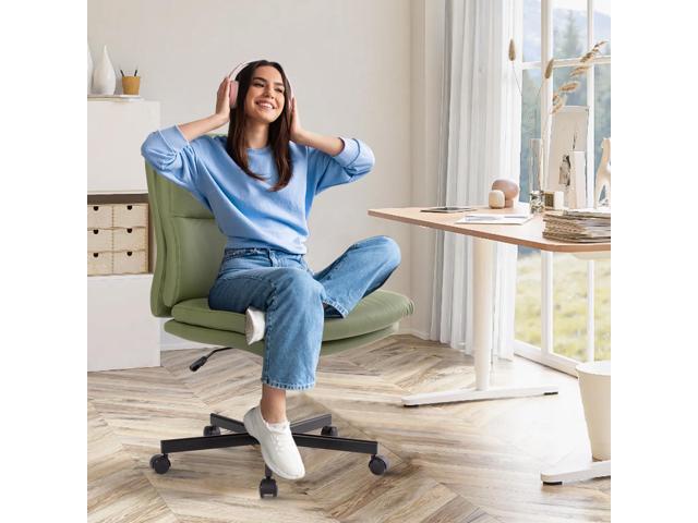 LUCKWIND Armless Office Desk Chair with Wheels,Double Padded PU-Leather Chairs for Office & Bedroom, 014 New (Green)