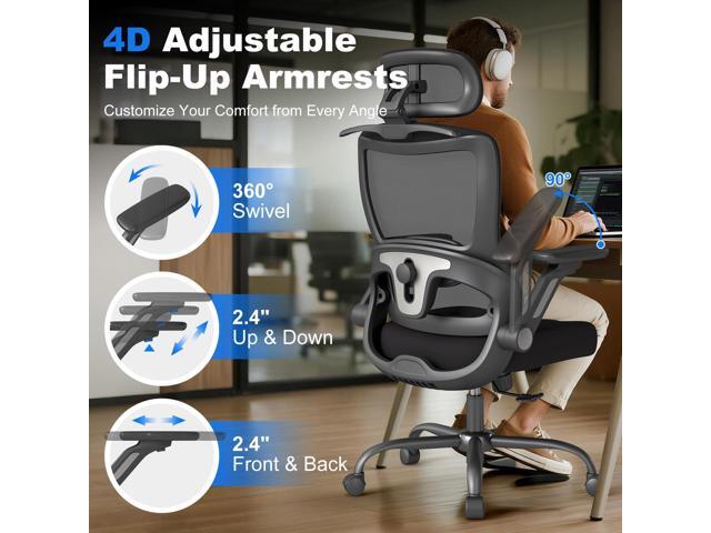 Ergonomic Office Chair, High Back Home Desk Chair with Flip-Up Arms, Headrest, Adjustable Lumbar Support, 90-135° Tilt Lock, Wide Big and Tall Mesh...