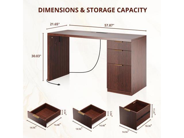 LotFun Modern Executive Desk with Built-in Power & File Drawer, 58' Home Office Desk with 3 Storage Drawers, Large Computer Workstation for Bedroom...