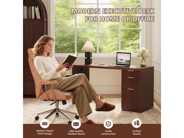 LotFun Modern Executive Desk with Built-in Power & File Drawer, 58' Home Office Desk with 3 Storage Drawers, Large Computer Workstation for Bedroom...