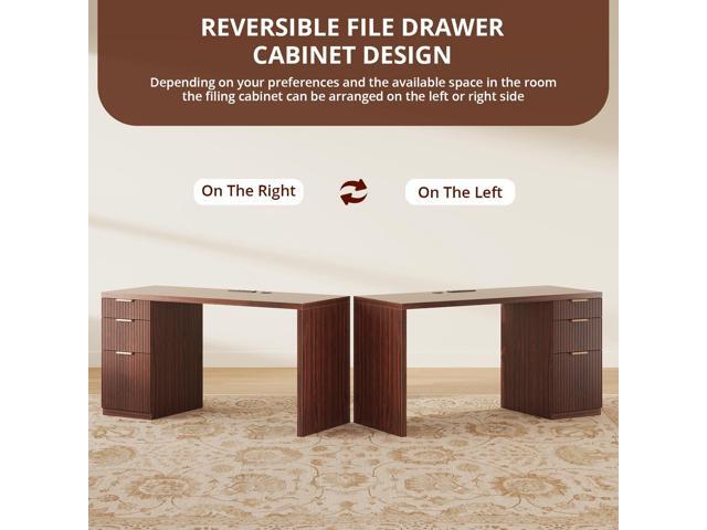 LotFun Modern Executive Desk with Built-in Power & File Drawer, 58' Home Office Desk with 3 Storage Drawers, Large Computer Workstation for Bedroom...