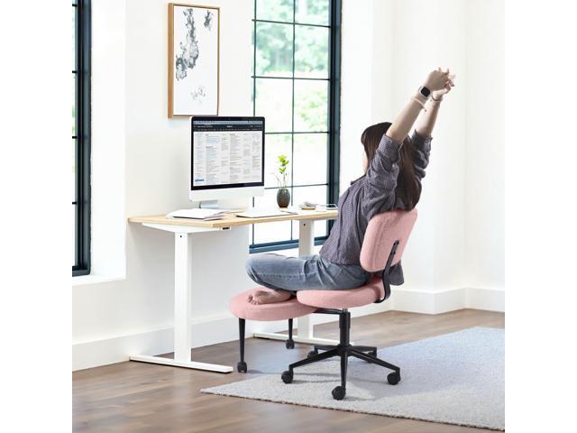 VITESSE Cross-Legged Ergonomic Chair 360° Swivel with Wheels, Adjustable Meditation Seat for ADHD, Lumbar Support, Teddy Fabric Home Office Chair,Pink