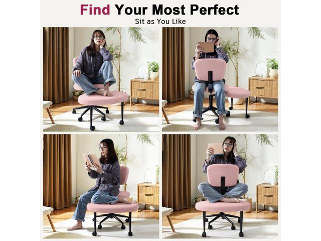 VITESSE Cross-Legged Ergonomic Chair 360° Swivel with Wheels, Adjustable Meditation Seat for ADHD, Lumbar Support, Teddy Fabric Home Office Chair,Pink