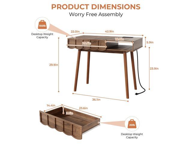 Pekdi Mid Century Modern Desk, Modern Home Office Writing Desk with Open Storage Cubby and Small Drawer for Bedroom, Small Space, Walnut