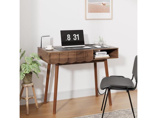 Pekdi Mid Century Modern Desk, Modern Home Office Writing Desk with Open Storage Cubby and Small Drawer for Bedroom, Small Space, Walnut