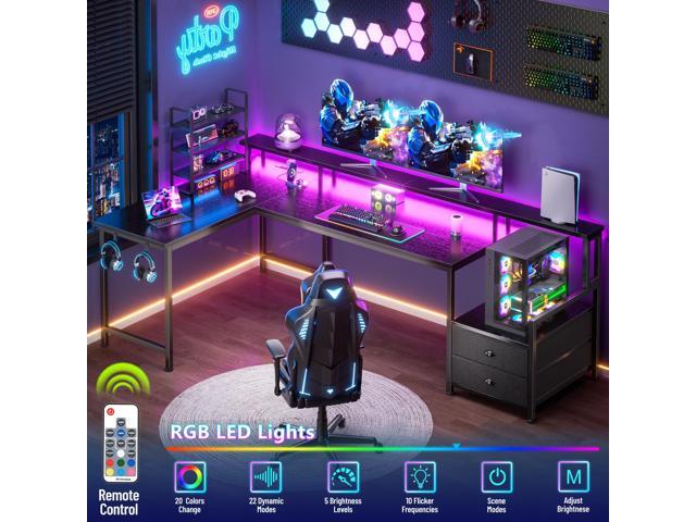 66'' L Shaped Gaming Desk with Drawers and Storage Shelves, Reversible Corner Desk with Power Outlets and Host Stand, Large Computer Desk with Led...