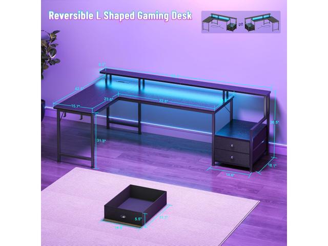 66'' L Shaped Gaming Desk with Drawers and Storage Shelves, Reversible Corner Desk with Power Outlets and Host Stand, Large Computer Desk with Led...