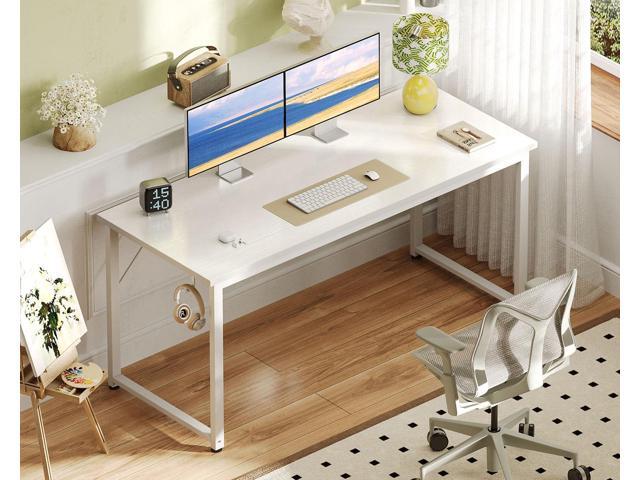 Casaottima 54 Inches Small Computer Desk, Work Study Table for Home Office, Kids Student Writing Desk with Headphone Hooks, White