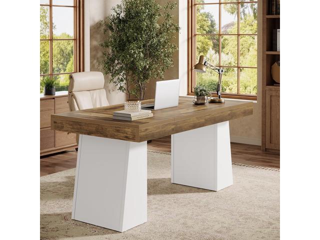 Tribesigns 55' Executive Desk, Wooden Office Desk with Double Pedestal, Modern Simple Computer Writing Table for Home Office, Brown & White
