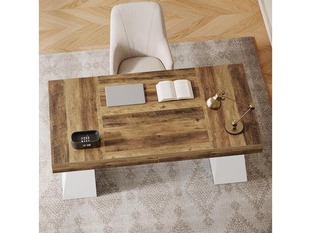 Tribesigns 55' Executive Desk, Wooden Office Desk with Double Pedestal, Modern Simple Computer Writing Table for Home Office, Brown & White