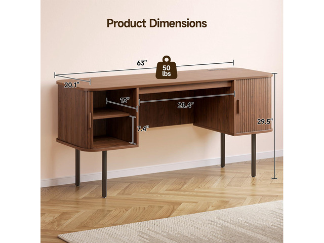ONBRILL 63 Inch Fluted Computer Desk with Charging Station, Mid Century Executive Desk with 2 Storage Cabinets, Modern Home Office Large Desk with...