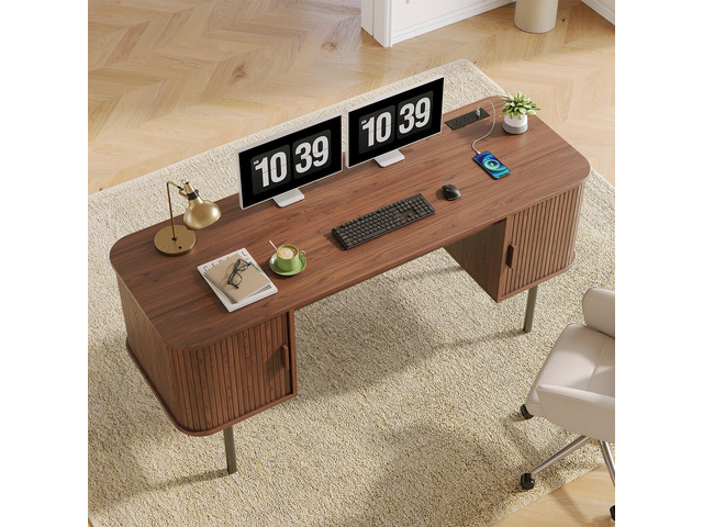 ONBRILL 63 Inch Fluted Computer Desk with Charging Station, Mid Century Executive Desk with 2 Storage Cabinets, Modern Home Office Large Desk with...