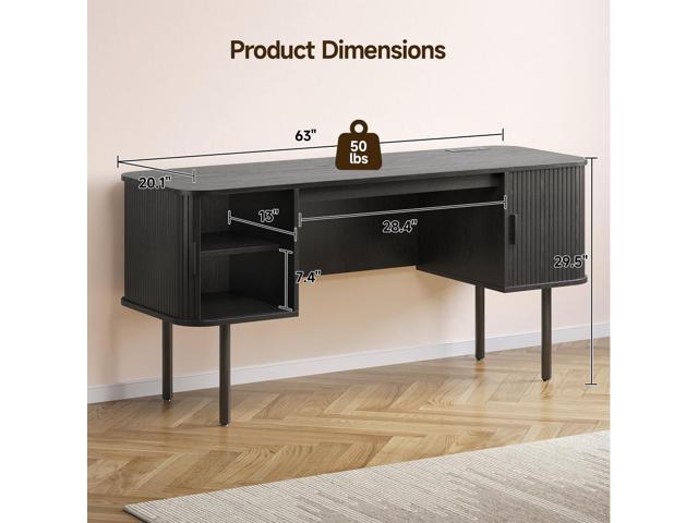 ONBRILL 63 Inch Fluted Computer Desk with Charging Station, Mid Century Executive Desk with 2 Storage Cabinets, Modern Home Office Large Desk with...