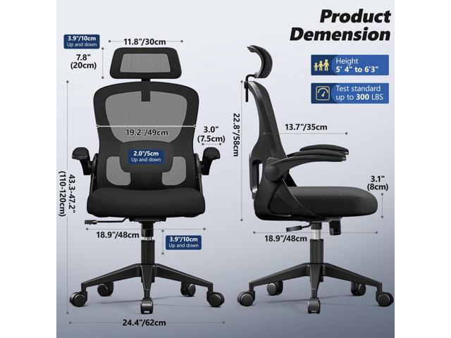 Ergonomic Office Chair, High Back Desk Chair with Flip-up Arms, 300 LBS Mesh Computer Chair with Adjustable Headrest & Lumbar Support, Comfy Gaming...