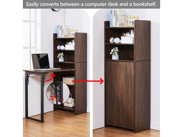 Foldable Desk with Storage,Hidden Desk with Built-in Socket,Fold Out Writing Table for Small Spaces,Home Office and Bedroom (Dark Walnut)