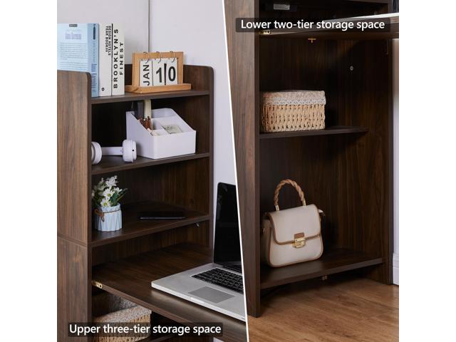 Foldable Desk with Storage,Hidden Desk with Built-in Socket,Fold Out Writing Table for Small Spaces,Home Office and Bedroom (Dark Walnut)