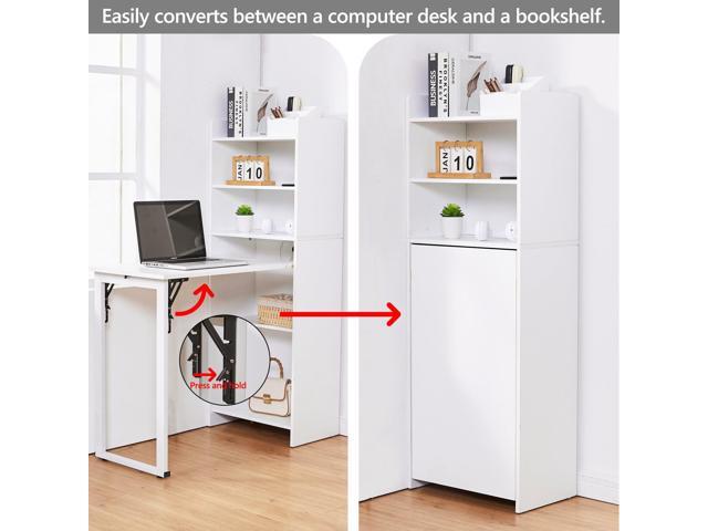 Foldable Desk with Storage,Hidden Desk with Built-in Socket,Fold Out Writing Table for Small Spaces,Home Office and Bedroom (White)