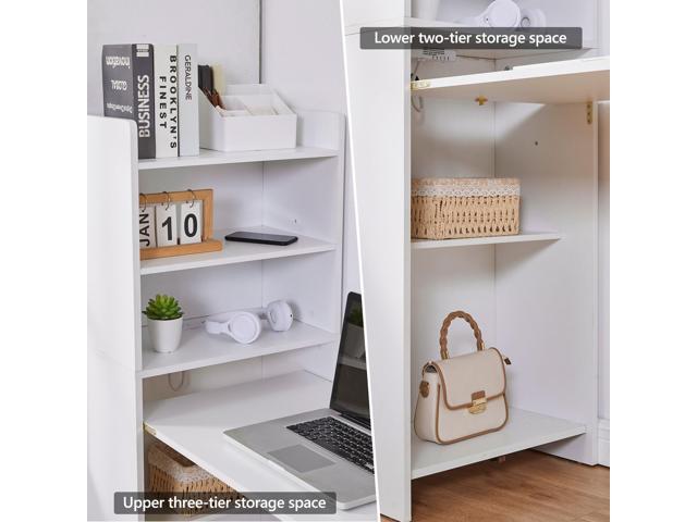 Foldable Desk with Storage,Hidden Desk with Built-in Socket,Fold Out Writing Table for Small Spaces,Home Office and Bedroom (White)