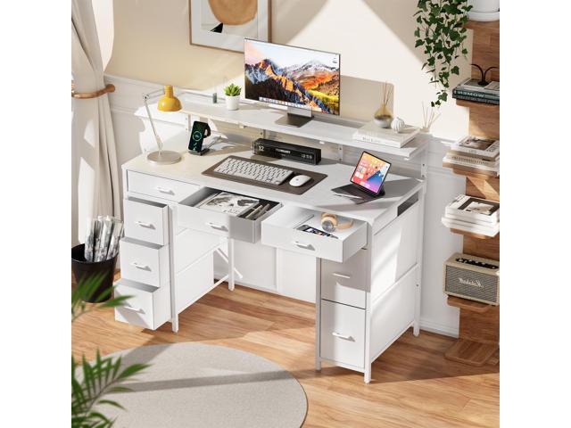 HLDIRECT 47 inch Computer Desk with 8 Storage Drawers, Gaming Desk with LED Lights & USB Power Outlets, Home Office Table with Monitor Stand, Study...