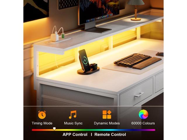 HLDIRECT 47 inch Computer Desk with 8 Storage Drawers, Gaming Desk with LED Lights & USB Power Outlets, Home Office Table with Monitor Stand, Study...