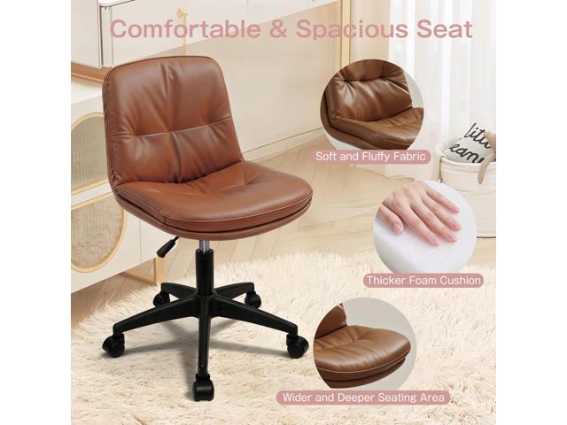 Vanity Chair with Back, PU Leather Swivel Office Desk Chair, Height Adjustable Armless Chair for Small Spaces, Bedroom, Vanity, Home Office (Brown)