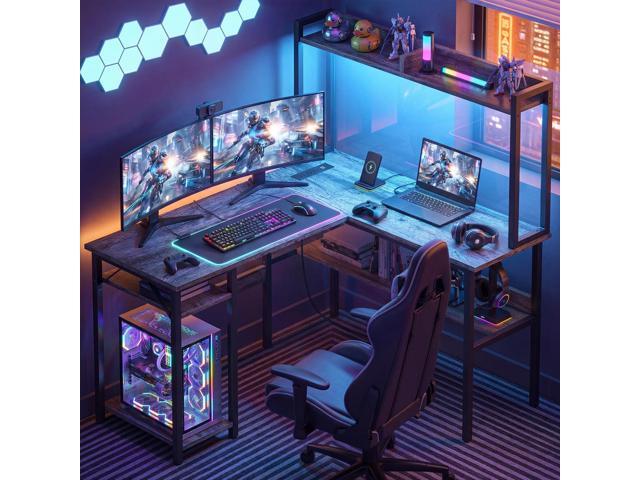 Gaming Desk L Shaped, Corner PC Computer Desk with Hutch,RGB LED Lights,Power Outlet,Storage Shelves, 47.2' Reversible Large Surface Table for...