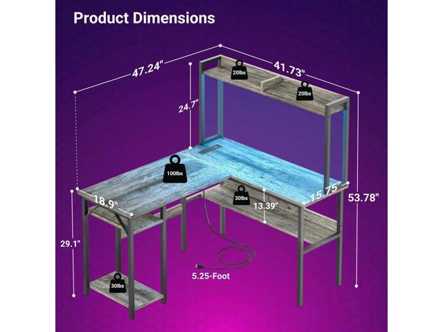 Gaming Desk L Shaped, Corner PC Computer Desk with Hutch,RGB LED Lights,Power Outlet,Storage Shelves, 47.2' Reversible Large Surface Table for...