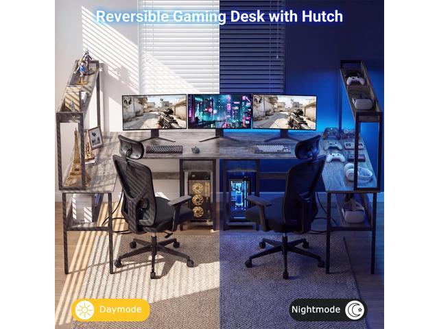 Gaming Desk L Shaped, Corner PC Computer Desk with Hutch,RGB LED Lights,Power Outlet,Storage Shelves, 47.2' Reversible Large Surface Table for...