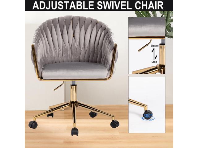 Velvet Vanity Chair with Back and Wheels, Cute Small Office Desk Chair Rolling Swivel Make up Vanity Chair with Arm for Bedroom, Grey Fabric