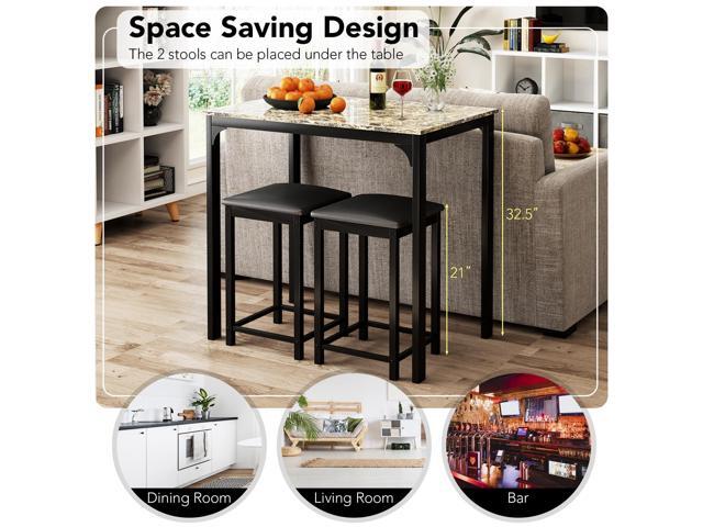 Giantex Dining Table Set for 2, Counter Height Bar Table with Faux Marble Pattern Tabletop, 2 Padded Bar Stools, Footrests, Metal Frame, Dinette...