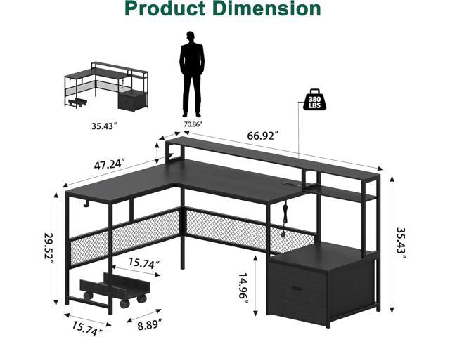L Shaped Desk with Drawers, 66' Home Office Desk with Power Outlet and Led Strip, Computer Desk with Storage Shelves & Monitor Stand, Large Corner...