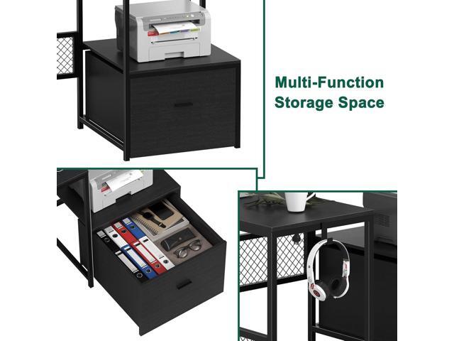 L Shaped Desk with Drawers, 66' Home Office Desk with Power Outlet and Led Strip, Computer Desk with Storage Shelves & Monitor Stand, Large Corner...