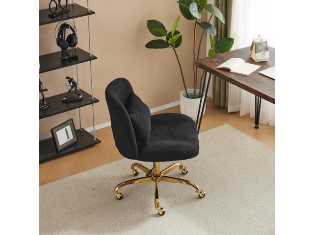 VINGLI Wide Criss Cross Legged Office Chair,Buttprint Ergonomic Desk Chair Comfy with Pillow & Gold Base,Dual-Use with/no Wheels,Adjustable Vanity...