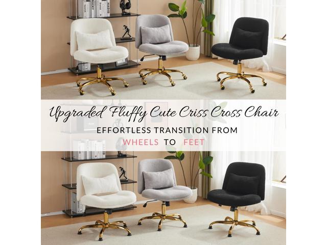 VINGLI Wide Criss Cross Legged Office Chair,Buttprint Ergonomic Desk Chair Comfy with Pillow & Gold Base,Dual-Use with/no Wheels,Adjustable Vanity...