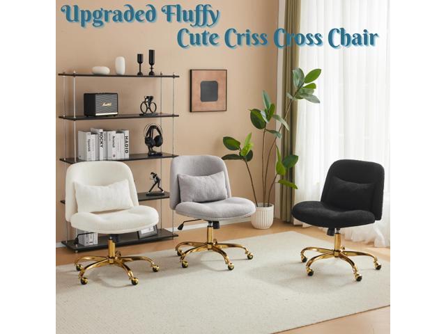 VINGLI Wide Criss Cross Legged Office Chair,Buttprint Ergonomic Desk Chair Comfy with Pillow & Gold Base,Dual-Use with/no Wheels,Adjustable Vanity...