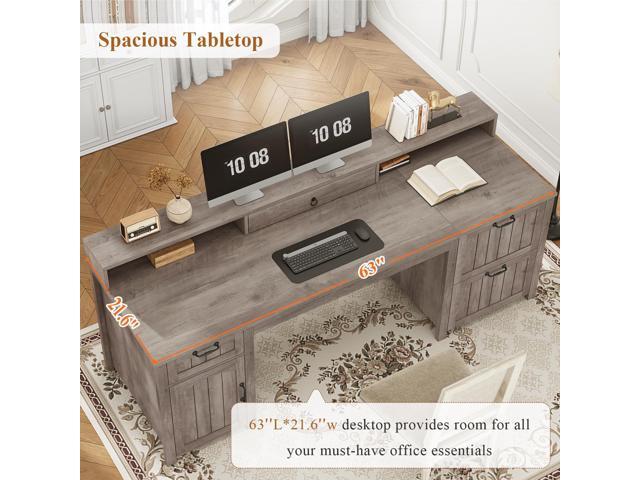 SEDETA Farmhouse 63' Executive Desk, Wood Computer Desk with Drawers and Storage Cabinet, Home Office Desk with File Drawer and Monitor Stand, Wood...