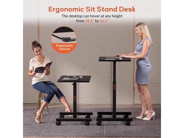 Mobile Small Standing Rolling Desk Adjustable Height, Portable Laptop Desk on Wheels, Workstation for Home Office with Hook,Black