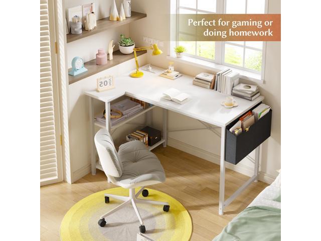 EnHomee Small Computer Desk with Storage Shelves & Side Bag, 40 Inch L Shaped Gaming Desk with Power Outlets, Corner Desk Study Writing Table for...