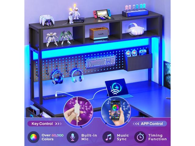 SEDETA L Shaped Gaming Desk with Hutch, 57.5 Reversible Corner Computer Desk with Storage Shelves, Gaming Desk with Pegboard, LED Lights, Power...