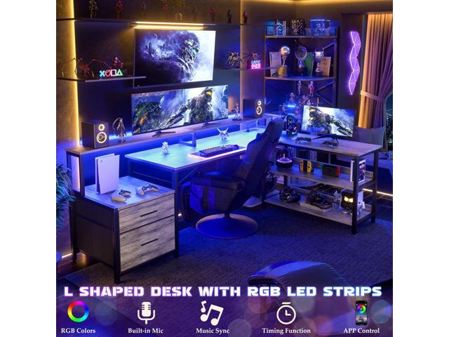 Aheaplus L Shaped Desk with Power Outlet, Reversible L Shaped Computer Desk with File Drawer & Monitor Stand, Gaming Desks with LED Strip, Home...