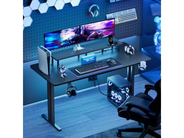 HLDIRECT 55 Inch Gaming Desk with 5 Sockets & LED Lights, Computer Gamer Desk with Monitor Stand, Ergonomic Carbon Fiber Gaming Table Home Office...