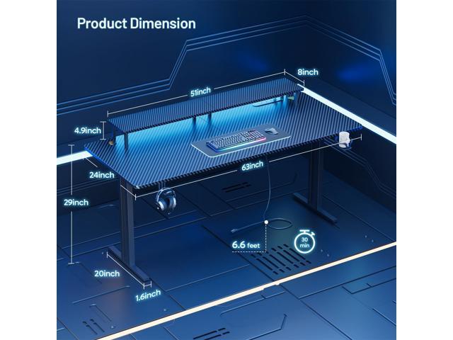 HLDIRECT 55 Inch Gaming Desk with 5 Sockets & LED Lights, Computer Gamer Desk with Monitor Stand, Ergonomic Carbon Fiber Gaming Table Home Office...