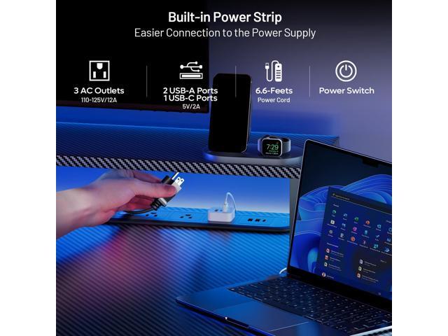 HLDIRECT 63 Inch Gaming Desk with 5 Sockets & LED Lights, Computer Gamer Desk with Monitor Stand, Ergonomic Carbon Fiber Gaming Table Home Office...
