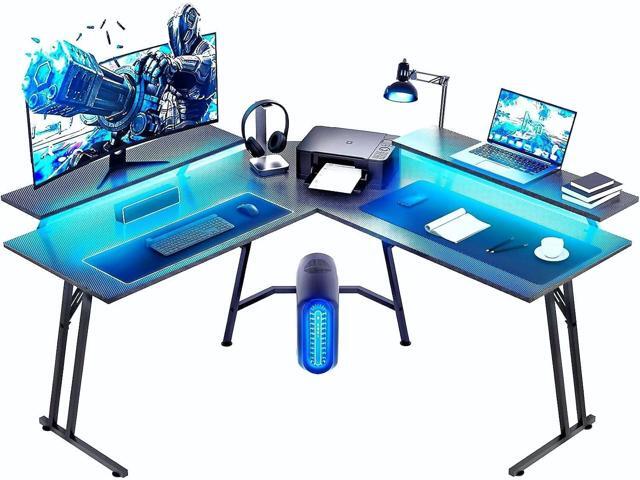 HLDIRECT 51 Inch L Shaped Gaming Desk with Monitor Stand and LED Lights, Corner Computer Desk with Carbon Fiber Surface, PC Gaming Table for Home...