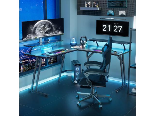 HLDIRECT 51 Inch L Shaped Gaming Desk with Monitor Stand and LED Lights, Corner Computer Desk with Carbon Fiber Surface, PC Gaming Table for Home...