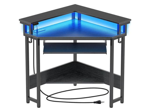 Small Corner Desk with Power Outlet and LED Lights, Triangle Corner Gaming Desk with Keyboard Tray, Compact Home Office Triangle Table for Small...