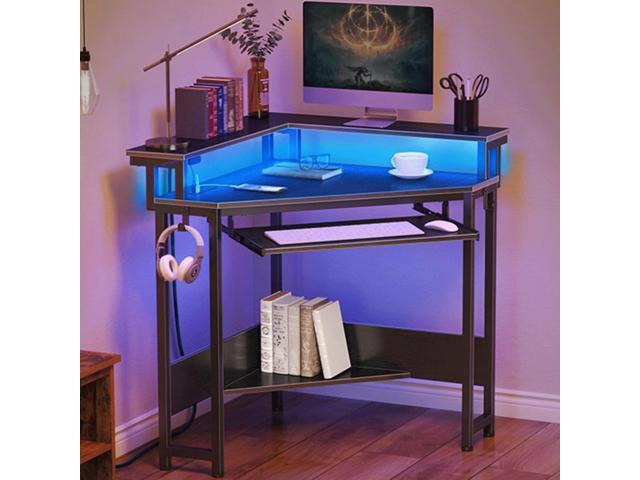 Small Corner Desk with Power Outlet and LED Lights, Triangle Corner Gaming Desk with Keyboard Tray, Compact Home Office Triangle Table for Small...