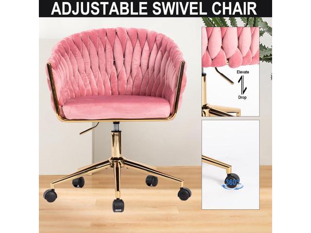 Velvet Office Desk Chairs with Gold Legs Height Adjustable Mid Back Makeup Vanity Chairs with Wheels for Women Pink Accent Chairs Armchair